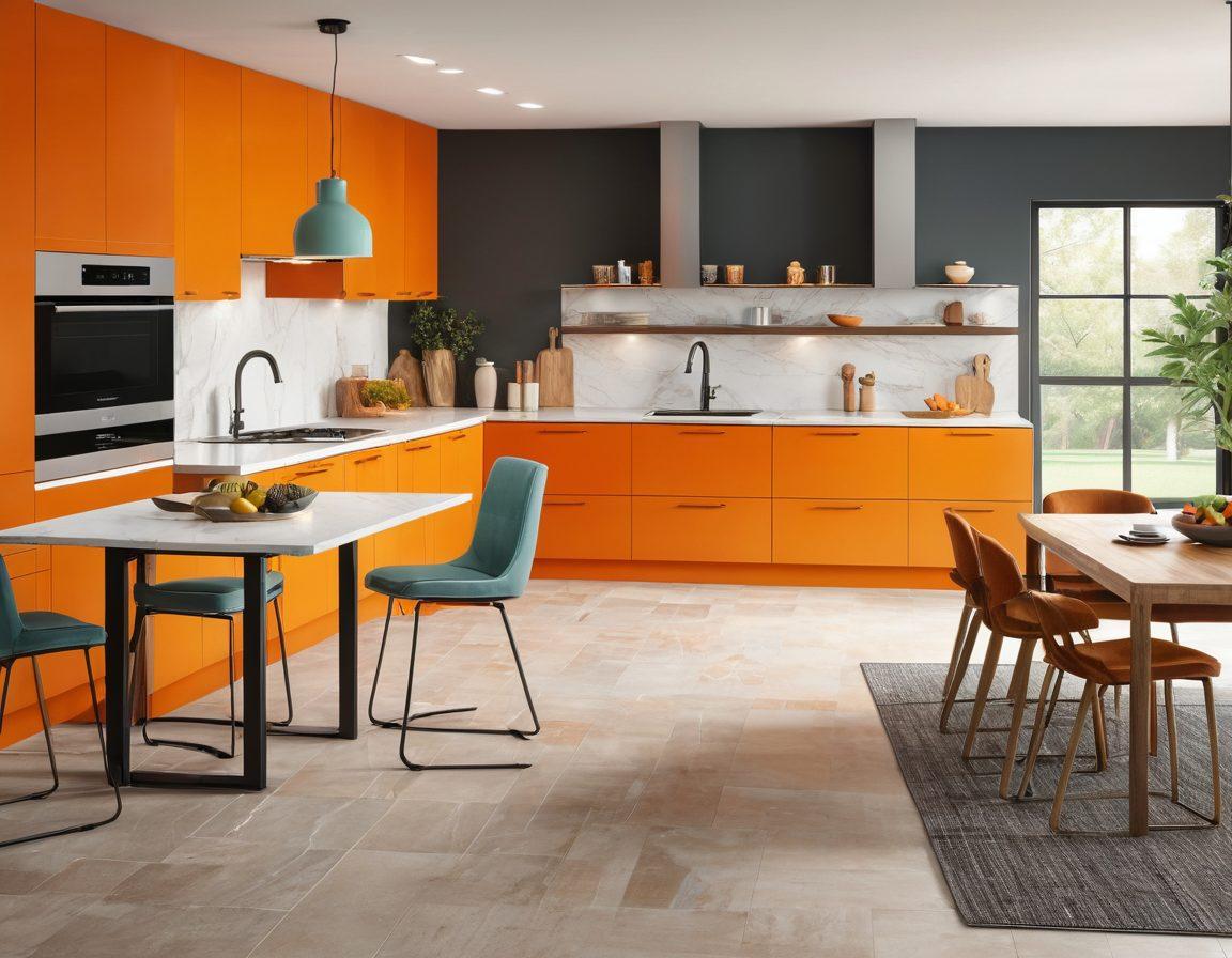 A beautifully rendered kitchen showcasing affordable RTA cabinets transforms the space with bright, inviting colors and stylish decor. Include a cozy dining area in the background, emphasizing versatility. Highlight different cabinet styles and finishes to inspire creativity in decor choices. super-realistic. vibrant colors. modern design.