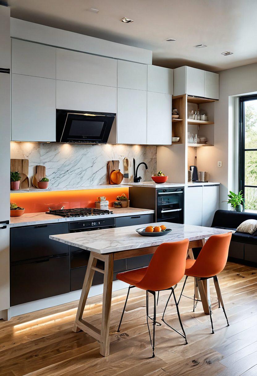 A beautifully organized modern kitchen showcasing smart storage solutions, featuring affordable cabinetry with sliding shelves and pull-out compartments. Include a cozy dining area with a stylish table and chairs, ambient lighting casting a warm glow, and colorful home accessories enhancing the space. Create an inviting atmosphere that highlights the benefits of these storage solutions. super-realistic. vibrant colors. minimalistic background.